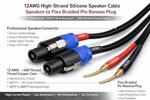 CNCESS Speakon to Flex Braided Pin Banana Speaker Cable, 12AW, 3 FT - color: 3 Feet