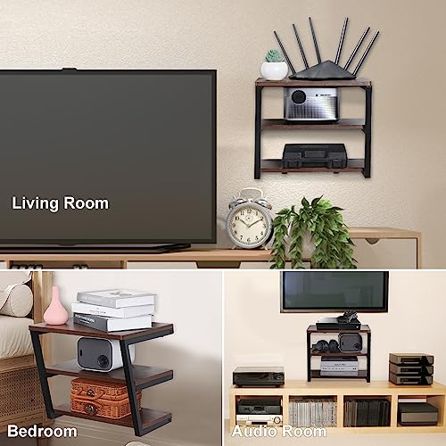 LUCKUP Floating Wall Shelves Wall Mounted Projector Shelf Wood AVMedia Stand with 3 Shelves, Entertainment Center with Strengthened Metal Steel Frame - size: 3-Tier without Cable-Friendly Edge
