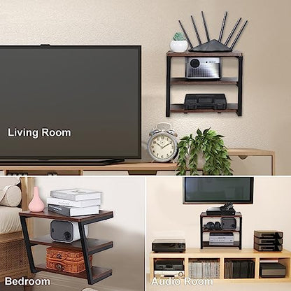 LUCKUP Floating Wall Shelves Wall Mounted Projector Shelf Wood AVMedia Stand with 3 Shelves, Entertainment Center with Strengthened Metal Steel Frame - size: 3-Tier without Cable-Friendly Edge