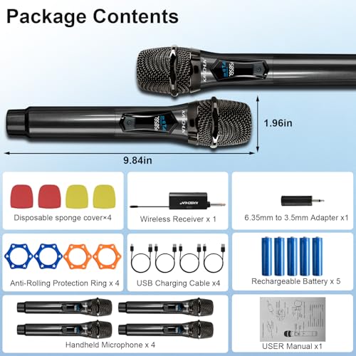 Wireless Microphone, 4 Rechargeable Handheld Dynamic Mics System | 200FT Range, Plug & Play, 10hr Battery, Karaoke Mics Set for Karaoke, Church, Wedding, Home Party, Group Singing