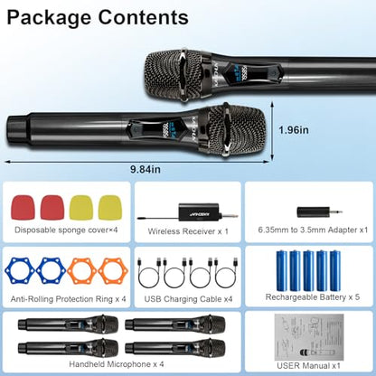 Wireless Microphone, 4 Rechargeable Handheld Dynamic Mics System | 200FT Range, Plug & Play, 10hr Battery, Karaoke Mics Set for Karaoke, Church, Wedding, Home Party, Group Singing