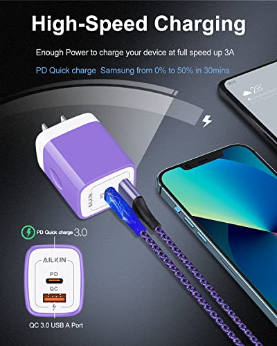 USB C Wall Charger, 20W PD + QC3.0 USBC Charger Block Super Fast Power Adapter - color: Purple