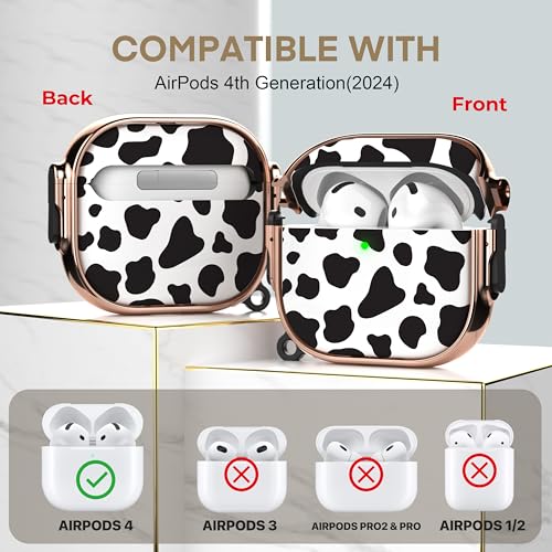for AirPods 4 Case with Safety Lock, Magsafe Compatible, Cow Print | Double Secure Lock,Drop Protection,Two-Piece Design,with Gold Keychain, Anti Lost, Dustproof, Cute AirPod 4 Case - color: Cow + Gold, size: AirPods 4 Case