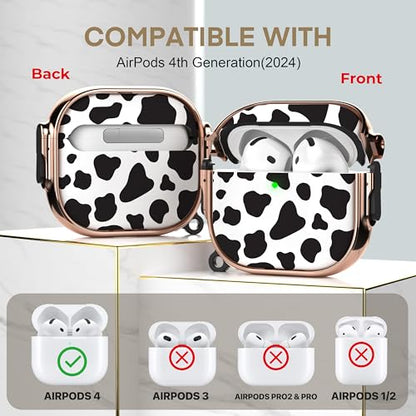 for AirPods 4 Case with Safety Lock, Magsafe Compatible, Cow Print | Double Secure Lock,Drop Protection,Two-Piece Design,with Gold Keychain, Anti Lost, Dustproof, Cute AirPod 4 Case - color: Cow + Gold, size: AirPods 4 Case