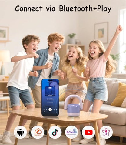 EWA Portable Mini Metal Karaoke Machine, Bluetooth Karaoke Speaker with 2 Wireless Microphones, Ideal Gifts for Girls Boys Family Home Party Birthday Christmas Toys Gifts-(Purple) - color: Purple