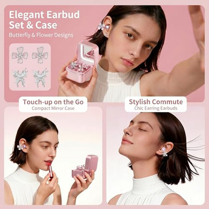 Wireless Earbuds with LED Makeup Mirror Case, Bluetooth 6.0 Open Ear Clip-On Headphones, Cute Pink Air Conduction Earphones for Women, Low Latency, Secure Fit for Running & Travel (Earring Pink) - color: Earring Pink