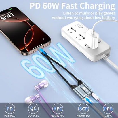 Quanlex 2 in 1 Magnetic USB C to 3.5mm Headphone Jack Adapter and Charger,USB C to Aux Audio Jack Hi-Res 32bit/384kHz with PD 60W Fast Charging Dongle Cable for iPadiPhone 16/15 - color: Black