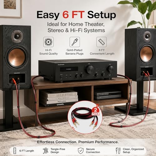 Speaker Wire with Banana Plugs 12AWG, 600-Strand OFC Pure Copper, 6ft x 2 Pack, 4mm Gold Plated, Braided, Home Theater Stereo Bookshelf Audiophile AV Receiver