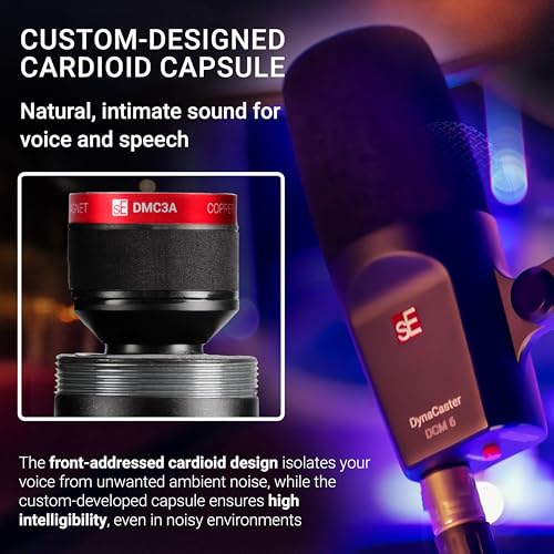 SE ELECTRONICS DynaCaster DCM6 XLR Dynamic Microphone with Built-in Preamp, Shockmount & Pop Filter - Front-Addressed Cardioid Dynamic Mic for Streaming - Voiceover, Broadcasting & Podcast Microphone