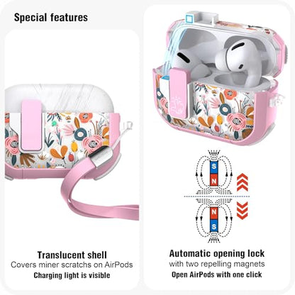 WENEW Case for AirPods Pro & Pro 2 Case Cover Secure Lock Automatic Snap Switch Clip Cleaner Kit Lanyard Women Stylish Flower Full Body Hard Shell Front LED Visible (Pink Flower, AirPods Pro & Pro 2) - color: Pink Flower, size: AirPods Pro & Pro 2