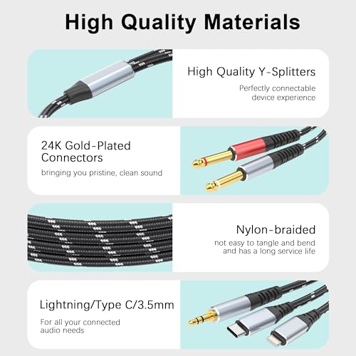 Lightning to Dual 6.35mm 1/4" TS Mono Stereo Y-Cable Splitter,3 in 1 to Dual 1/4-inch Audio Cable, Compatible with smartphones, computers, phones/Pads Amplifiers,speakers,headphones,mixing consoles - size: 6 ft, style: 3IN2 (Dual 6.35mm cable)