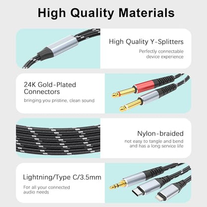 Lightning to Dual 6.35mm 1/4" TS Mono Stereo Y-Cable Splitter,3 in 1 to Dual 1/4-inch Audio Cable, Compatible with smartphones, computers, phones/Pads Amplifiers,speakers,headphones,mixing consoles - size: 6 ft, style: 3IN2 (Dual 6.35mm cable)