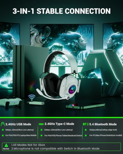 Krysenix Wireless Gaming Headset with Mic for PS5 & PC - White | 50mm Titanium Drivers,Low Latency, 2.4GHz & Bluetooth,Noise-Cancelling Mic,1200 mAh Battery,Foldable,Ideal for FPS,RPG - color: White