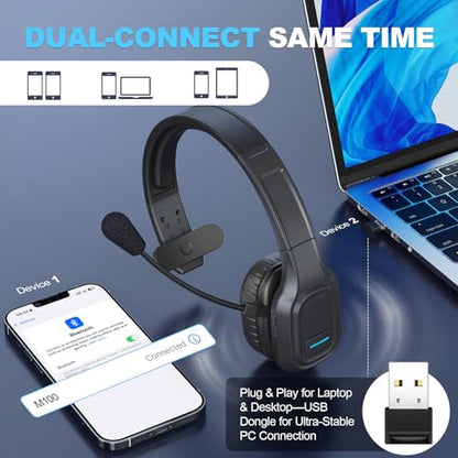 Bluetooth Headset for Truck Drivers, Single Ear Wireless Headset with Mic and USB Dongle, AI Noise Canceling Microphone, Mute Button, 45H Talk Time for Office Calls, Call Center, Phone and PC