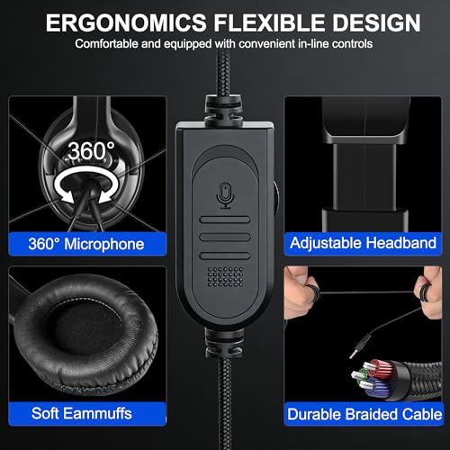 Wired Gaming Headset with Mic for PS5/PS4/Xbox/Switch/PC/Laptop/Tablet/Phone, Over-Ear Headphones with USB-A/C & 3.5mm Jacks/360° Rotating Microphone/In-line Control for Home Office Business Work - style: Double Ear - Flexible Mic
