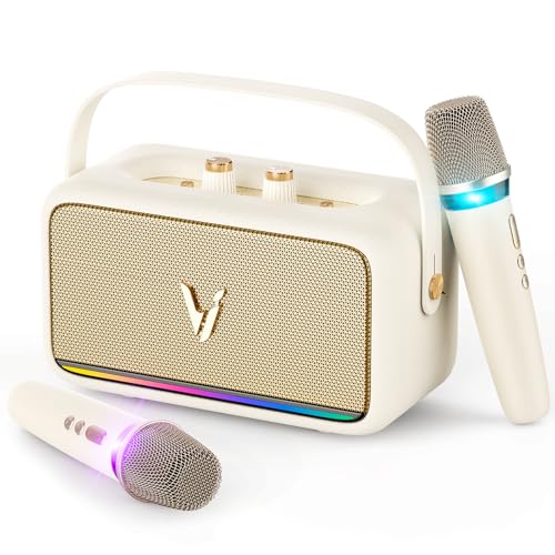 Karaoke Machine with 2 Wireless Mics & Soft Leather Wrap |mini Portable Bluetooth Speaker with 5 Voice Changer Modes for Home Party, AUX/USB/TF Support, for Kids and Adults