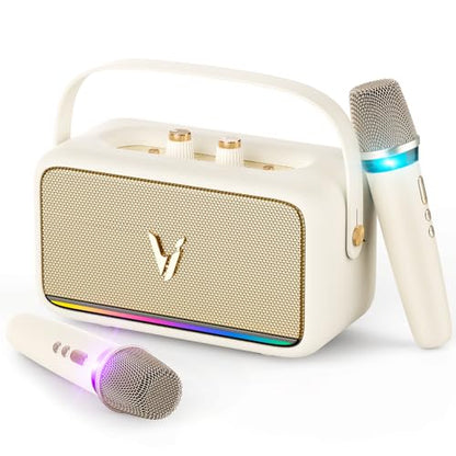 Karaoke Machine with 2 Wireless Mics & Soft Leather Wrap |mini Portable Bluetooth Speaker with 5 Voice Changer Modes for Home Party, AUX/USB/TF Support, for Kids and Adults