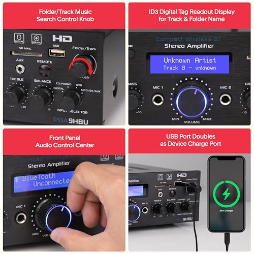 Pyle Wireless Bluetooth Home Stereo Amplifier - Multi-Channel 200 Watt Power Amplifier Home Audio Receiver System w/HDMI, Optical/Phono/Coaxial, FM Radio, USB/SD, AUX, RCA, Mic in - Remote - PDA9HBU