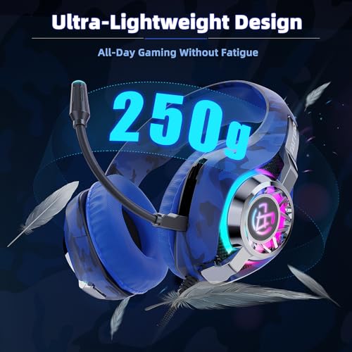 Tatybo Gaming Headset for PS5 PC, Noise Canceling Mic, RGB, Blue Camo | Over Ear, Deep Bass Stereo Sound for FPS, Battle Royale, Lightweight for Xbox, PS4, Mobile, Nintendo, 3.5mm Devices - color: Blue Camo