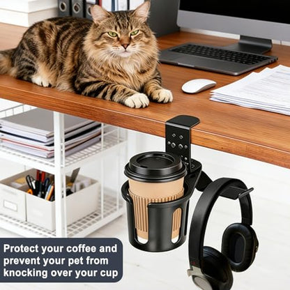 Desk Cup Holder Clamp 2 in 1 Clip On Table Cup Holder with Headphone Hanger | Rotatable Anti-Spill Water Bottle Stand Drink Coffee Mug Storage, Office Accessories for Home and School - color: Black-1 with Headphone Hanger