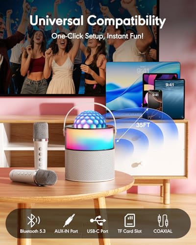 Karaoke Machine with Disco LED Lights, Mini Portable Bluetooth Speaker with 2 Wireless Microphones for Kids Adults, Birthday Gifts for Girls Boys Family Parties Travel (White) - color: White