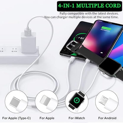 TOP-UP 4 in 1 Watch & Phone Charger Cable – Travel Essentials Multi Charging Cable for Apple Watch, iPhone, USB-C & Micro, Multi Device Charger Cord, 4FT