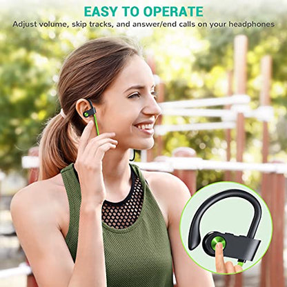 Fitniv Bluetooth Headphones, IPX7 Waterproof Wireless Sport Earbuds in-Ear, HiFi Bass Stereo Running Headphones with Noise Canceling Mic for Workout Fitness Gym, Up to 10 Hours Playtime, GreenBlack