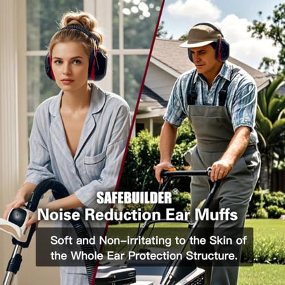 SAFEBUILDER Ear Muffs Noise Reduction SNR 33dB Adjustable Lightweight Safety Earmuffs Sound Proof Noise Cancelling ANSI - color: 1-black Combine Red