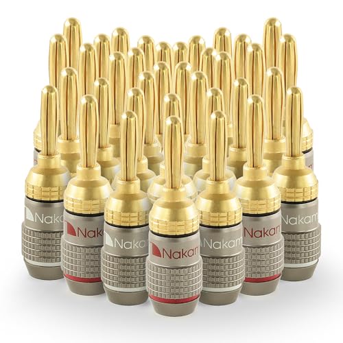 Nakamichi FanLock Excel Series 24k Gold Plated Banana Plugs, 10-18 AWG | Gauge Size 4mm for Speakers Amplifier Hi-Fi Stereo Radio AV Receiver Audio Wire Cable Quick Connector, 36 Pcs (18-Pairs) - size: 36 Pcs (18-Pairs)