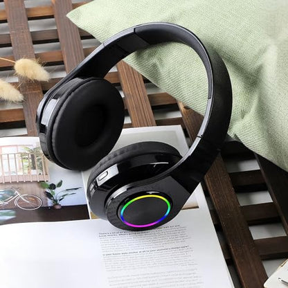 Wireless Over-Ear Bluetooth Headphones, LED Lights, Built-in Mic, Black | Bluetooth 5.0 low latency, 40mm driver HIFI stereo Foldable lightweight soft earcups, for gaming travel office home gift - color: All Black