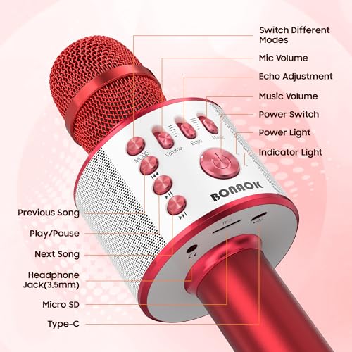 BONAOK Wireless Bluetooth Karaoke Microphone,3-in-1 Portable Handheld Mic Speaker Machine Birthday Home Party for PC or All Smartphone(Q37 Red) - color: Red