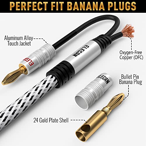 14 AWG Speaker Cable Wire 4 Feet with Gold-Plated Banana Tip Plugs-CL2 Rated-in Wall-Heavy Duty Nylon Braided, Oxygen-Free Copper (OFC)-White-with 5 Cable Ties - size: 4FT