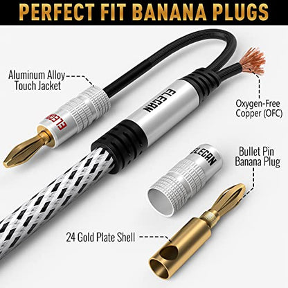 14 AWG Speaker Cable Wire 10 Feet with Gold-Plated Banana Tip Plugs-CL2 Rated-in Wall-Heavy Duty Nylon Braided, Oxygen-Free Copper (OFC)-White-with 5 Cable Ties - size: 10FT