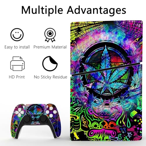 PlayVital Full Set Skin Sticker for ps5 Slim Console Disc Edition (The New Smaller Design), Vinyl Skin Decal Cover for ps5 Controller & Headset & Charging Station & Media Remote - Psychedelic Leaf - color: Psychedelic Leaf