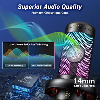 TONOR Gaming Microphone Set with Boom Arm, Vocal Condenser Microphone for Content Creators, USB Mic for PC with Stand, RGB, Tap Mute, Gain Control, Gaming Equipemnt, Twitch, Streaming, TC310+ | Boom Arm Set, USB Mic with Controllable Light, One Tap Mute,