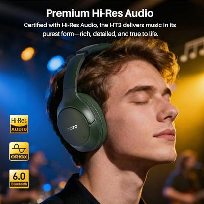 TOZO HT3 Hybrid Noise Cancelling Wireless Headphones, 90H Over Ear Headset | Hi Res Audio, AI Voice Assistant, Dual Device Connection, 32 Custom EQs, Built In 5 Mics, ANC, Foldable with Case - color: Matte Green