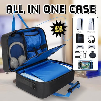 Carrying Case Compatible with PS5, PS5 Slim& Pro, Padded Travel Case | Storage for 2 Controllers, Headset & Cables, Padded Interior, Water-Resistant Exterior, Hold-Down Strap, Bag Only