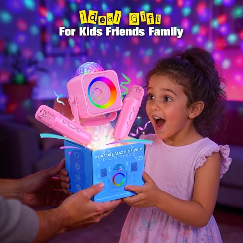 Mini Karaoke Microphone with Disco Light: Gifts for 3 4 5 6 7 8 9 10 11 12 Year Old Kids Girls Karaoke Machine 2 Microphones Toys for 3-15 Year Old Girl Birthday Gift Karaoke Machine for Family Party - color: Pink