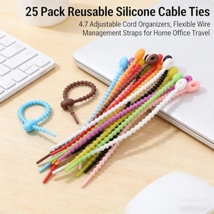 25Pcs 4.7in Silicone Cable Ties, Reusable Adjustable Cord Straps - color: 25pcs- Twist Ties
