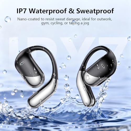 Open Ear Clip Wireless Earbuds Bone Conduction Headphones，Built-in Mic, IPX7 Waterproof, LED Display Charging Case,Ear Hooks Ear Buds, Ultra-Comfort Bluetooth Earphones for Running Fitness,office gift - color: dark black