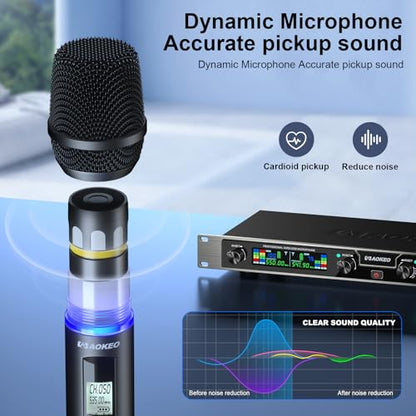 Wireless Microphones System, 4 Channel UHF Wireless Mics,with 4 Handheld Dynamic Microphones,Metal Receiver for Karaoke,Singing,Wedding,Party,Speech - color: Brown