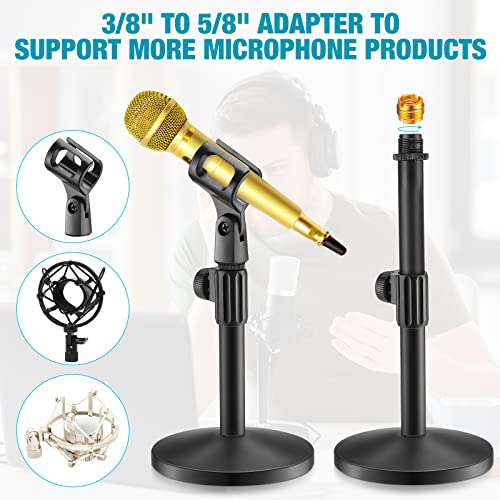 4 Pcs Desktop Mic Stand Adjustable tabletop Mic Stand microphone desk stands with 5/8" Male to 3/8" Female Screw Metal Round Base for Table Desk Interviews, Black