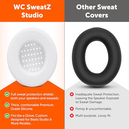 WC SweatZ Studio - Patented Covers for Beats Studio 3 (A1914) & 2 (B0500) | Made by Wicked Cushions | Made with Premium Silicone | Also fits B0501 | White - color: White