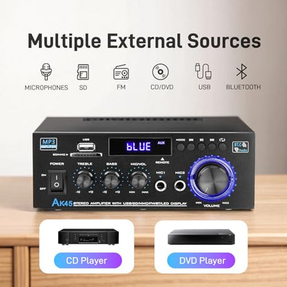 AK45 Stereo Home Audio Amplifier with 5.0 Bluetooth Receiver, 300W+300W Bluetooth HiFi AMP Power Amplifier 2.0 Channel RMS 40W x 2 Home Stereo System Remote Control Amp W/MIC,USB, RCA,FM Radio