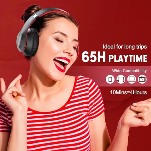 Wireless Bluetooth Headphones Over Ear V6.0 HiFi Stereo with Mic | 65H Playtime 6EQ Modes Foldable Bluetooth Headset with Microphone for Travel Smartphone Computer Laptop Black Red - color: Black