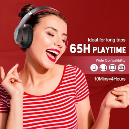 Wireless Bluetooth Headphones Over Ear V6.0 HiFi Stereo with Mic | 65H Playtime 6EQ Modes Foldable Bluetooth Headset with Microphone for Travel Smartphone Computer Laptop Black Red - color: Black