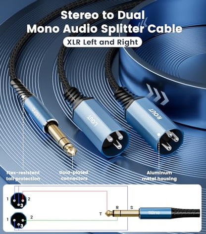 Tisino 1/4" TRS to Dual XLR Male Stereo Y-Splitter Breakout Cable, 6.6FT - size: 2m/6.6feet, style: 1/4" TRS to 2 XLR Male
