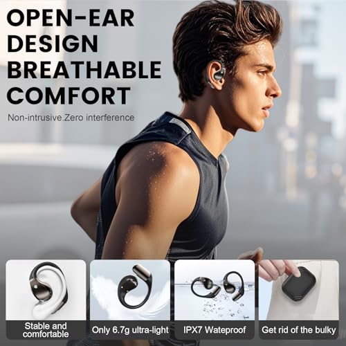 Open-Ear Headphones, Bluetooth 6.0 Wireless Earbuds Powerful Sound, 40H Open Ear Earbuds with ENC Mic, Adjustable Ear Hooks/IP7 Waterproof/Ultra-Comfort Earphones for Workouts/Running, Black