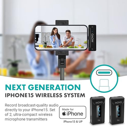 Movo WMX-2-C-DUO Wireless Microphone for iPhone 15/16/17 with Charging Case - Microphone for USB-C Lapel Mic - 7HR Battery Wireless Lavalier Mic for iPhone 15/16/17 and up - style: 2 Transmitters