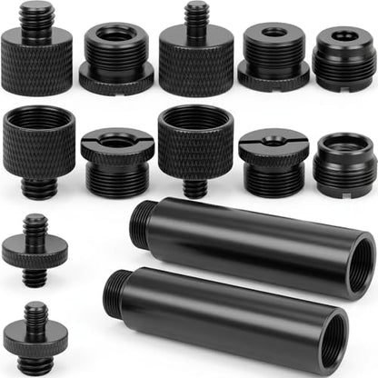 14 Pcs Mic Stand Adapter Set with 2 Extension Tubes, 1/4 to 5/8 & 3/8 to 5/8 Threaded Screw Mount for Microphone Boom Arm, Camera Tripod, Shock Mount(Black)